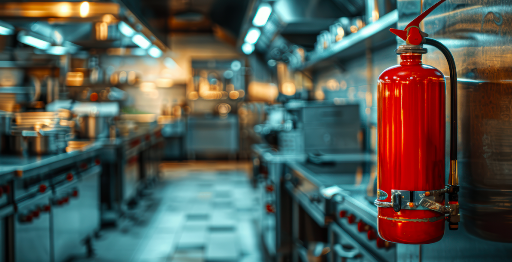 A professional, polished commercial kitchen with a prominent fire extinguisher hanging on the wall, ensuring preparedness amid culinary activities. By NILSEN Studio