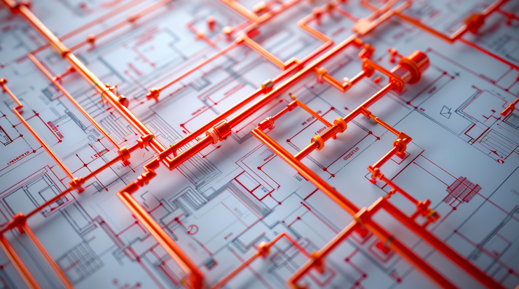 Blueprints with fire protection plans outline fire alarm locations, sprinkler systems, By Thirawat