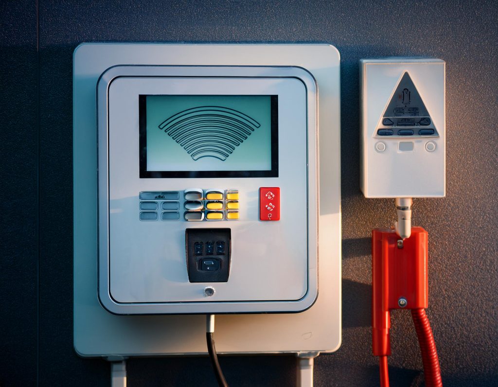 side by side photo of one wireless fire alarm monitoring system and one landline monitoring system Generated with Adobe Firefly