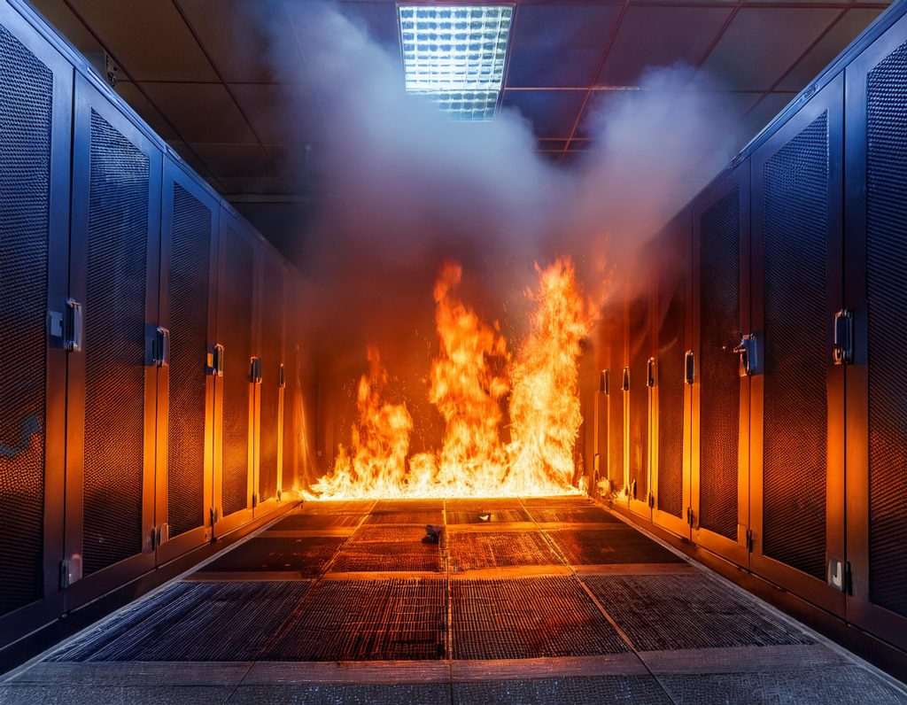 data center fire with fire sprinkler system extinguishing flames Generated with Adobe Firefly